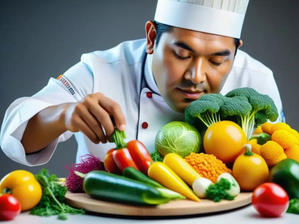 Un chef peruano experto tallando esculturas comestibles en frutas y vegetales frescos