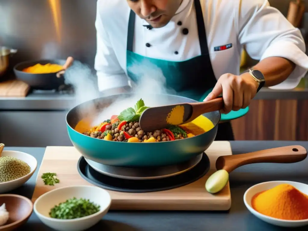 Un chef peruano experto, utilizando una espátula de madera en la cocina, resaltando la importancia de este utensilio en la gastronomía peruana