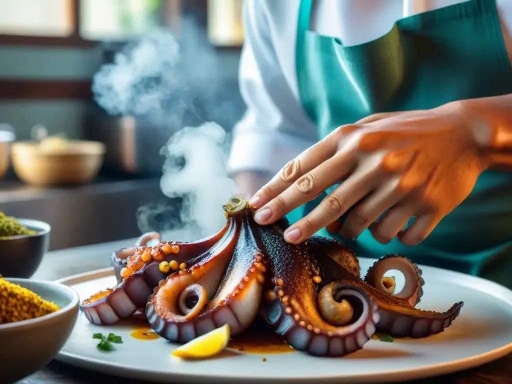 Un chef peruano experto marina pulpo con especias en una cocina tradicional