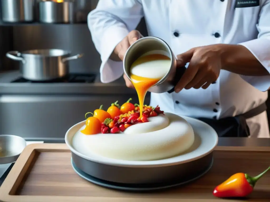 Un chef peruano experto preparando una espuma de rocoto con precisión