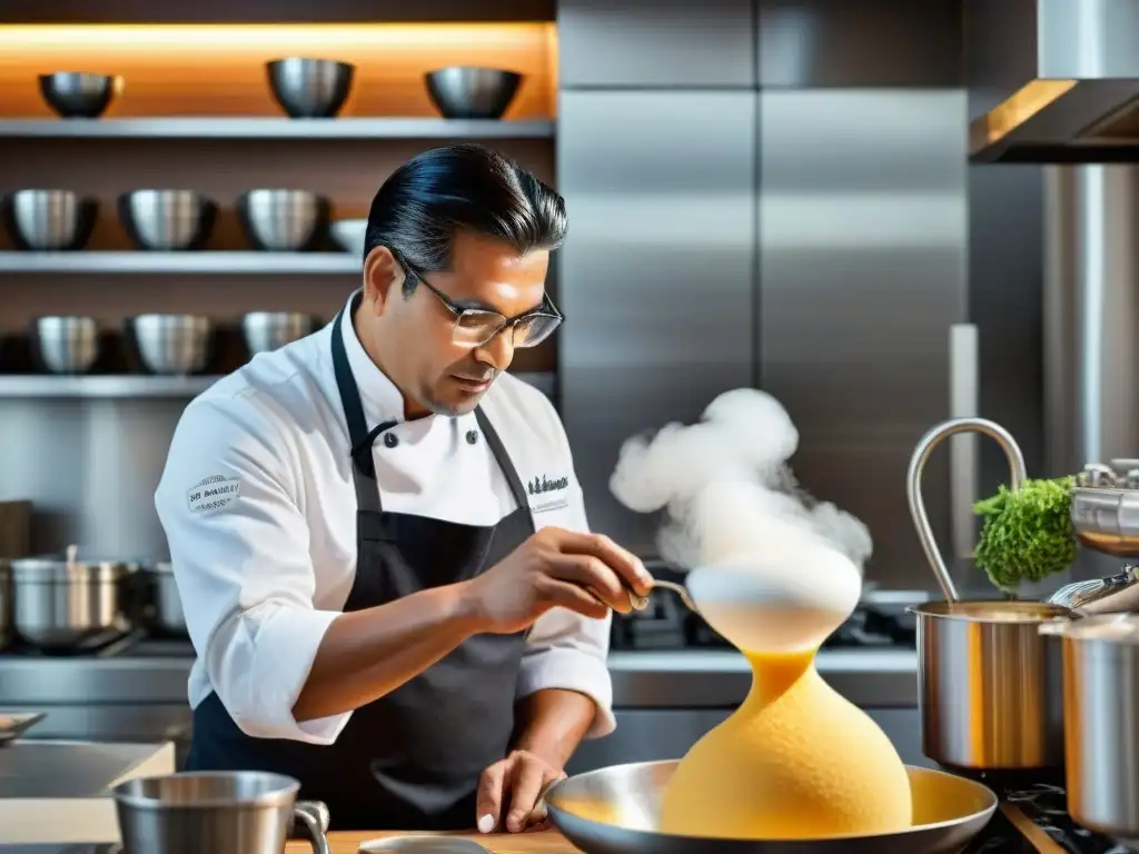 Un chef peruano experto en espumas y aires, creando una delicada espuma con un sifón en una cocina moderna llena de acero inoxidable