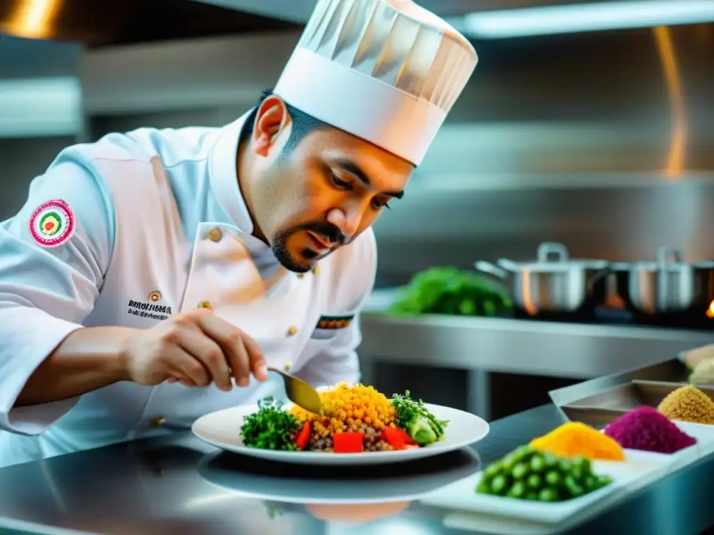 Un chef peruano experto en estilismo gastronómico fusiones peruanas crea una obra maestra culinaria en una cocina moderna