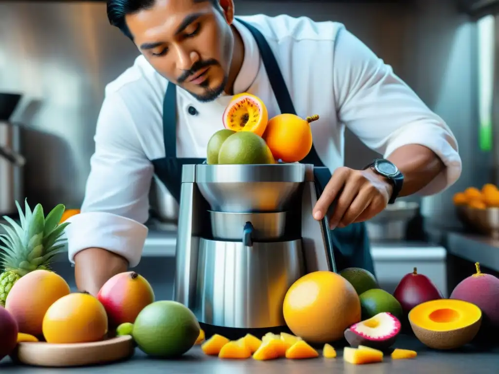 Un chef peruano experto usando un extractor de jugo moderno para extraer los sabores vibrantes de frutas peruanas en un animado mercado