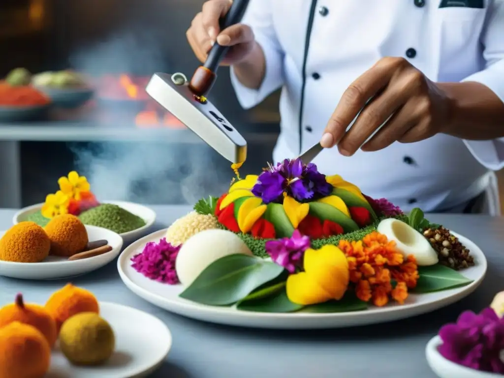 Un chef peruano experto arregla flores y decoraciones en un plato tradicional, fusionando técnicas antiguas con modernas