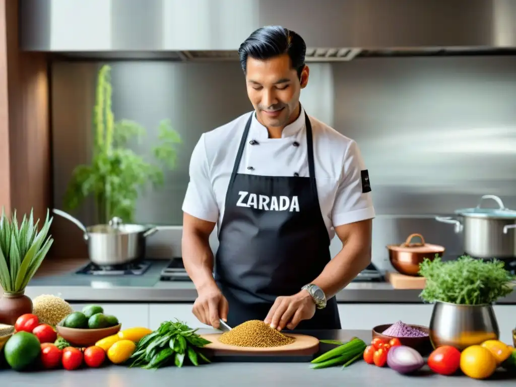 Un chef peruano experto usando de forma innovadora una zaranda en la cocina, rodeado de ingredientes frescos