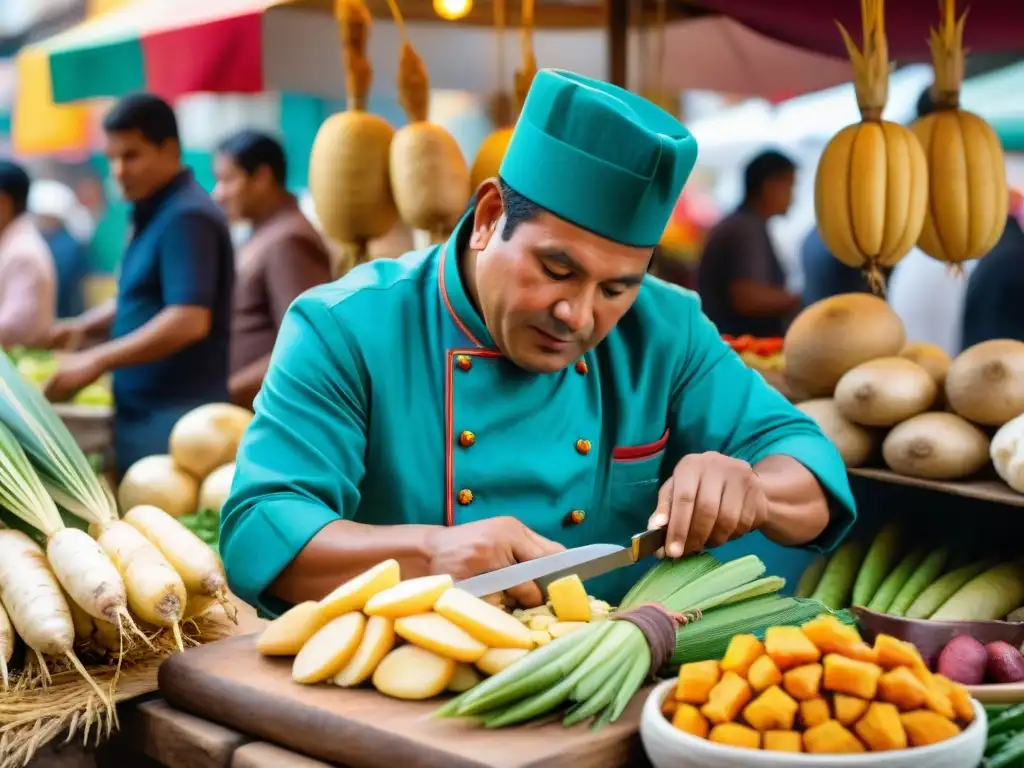 Un chef peruano experto cortando yucas frescas en un mercado vibrante de Lima