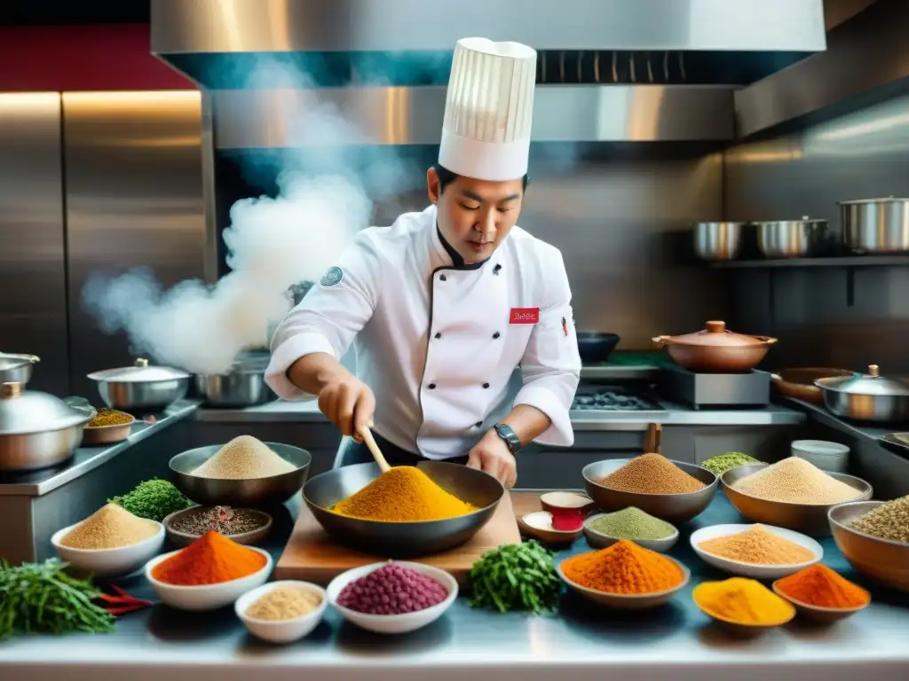 Un chef peruano experto en fusión chinoperuana mezcla ingredientes en una cocina bulliciosa