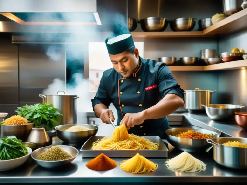 Un chef peruano experto prepara una fusión de pastas peruanas auténticas con influencias italianas en una cocina bulliciosa