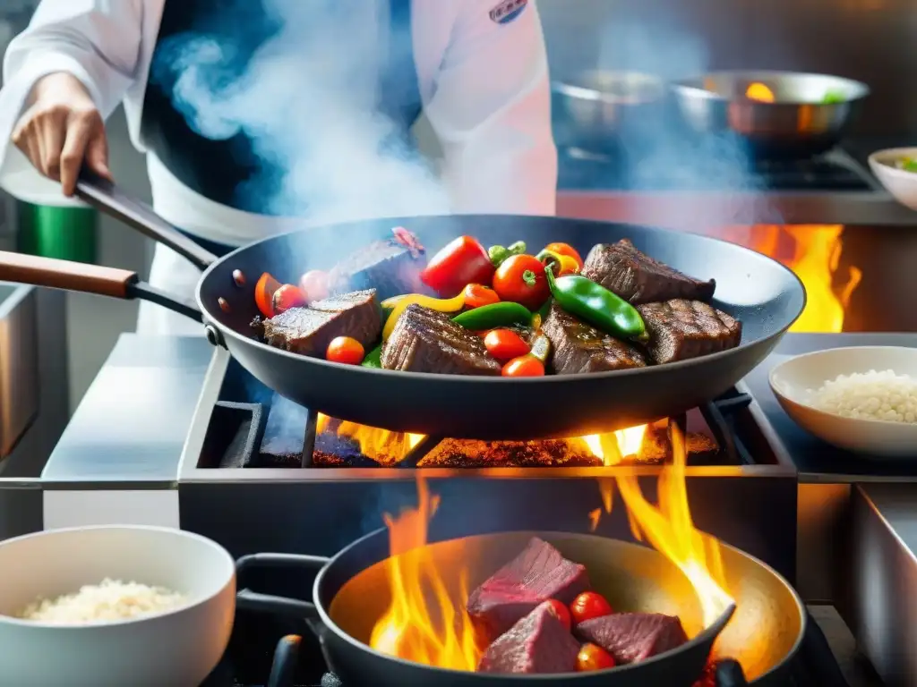 Un chef peruano experto en fusión chino-peruana prepara un vibrante Lomo Saltado en un wok en llamas