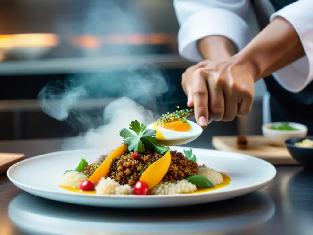 Un chef peruano experto crea fusiones innovadoras en una cocina moderna, representando la gastronomía peruana platos tradicionales fusiones