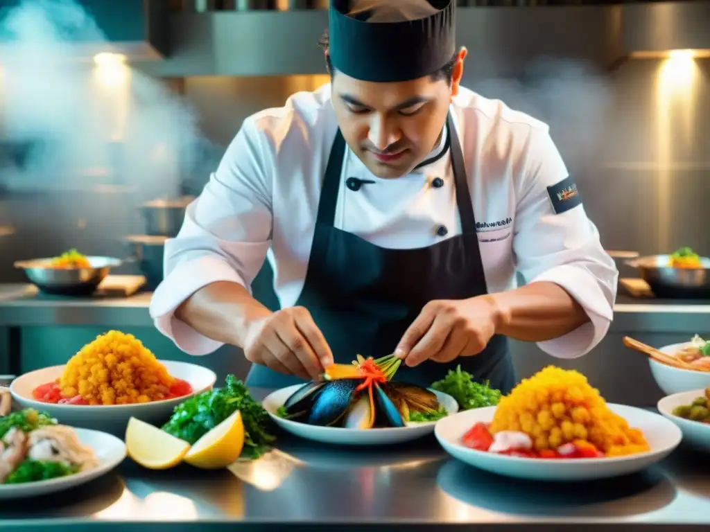 Un chef peruano experto preparando fusiones marinas en una cocina contemporánea, destacando colores y texturas