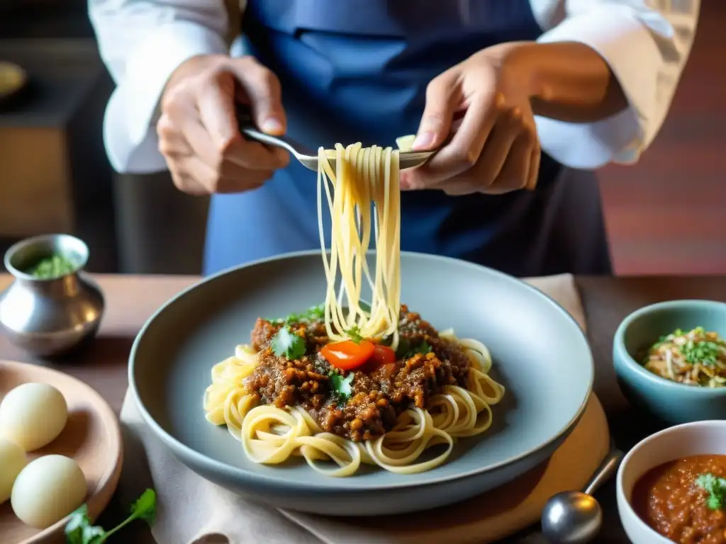 Un chef peruano experto en fusión gastronómica prepara Sopa Seca en una cocina tradicional