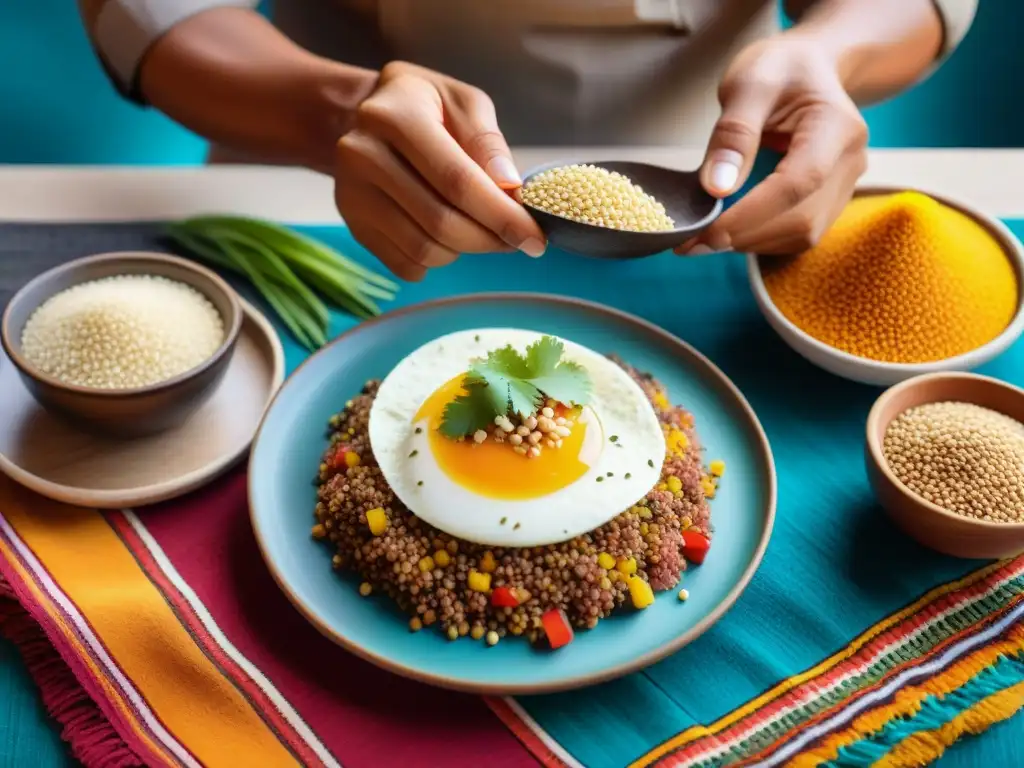 Un chef peruano experto dispone granos ancestrales en un plato moderno, sobre textiles andinos vibrantes