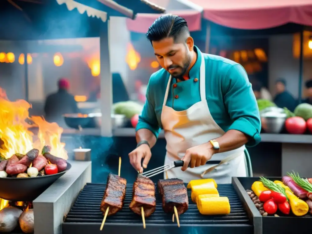 Un chef peruano experto en grillado moderno, asando carnes y verduras con técnicas modernas