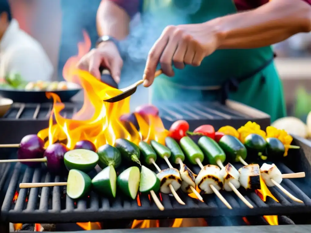 Un chef peruano experto grillando verduras frescas en técnica moderna