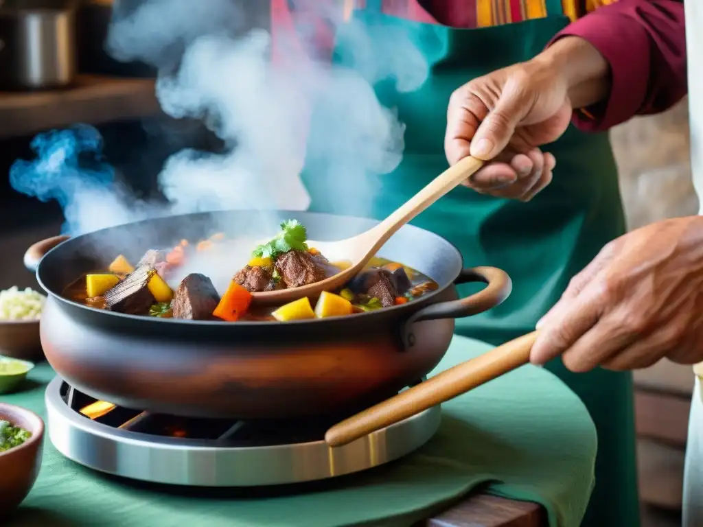 Un chef peruano experto remueve un guiso colorido con una cuchara de palo, mostrando su destreza culinaria