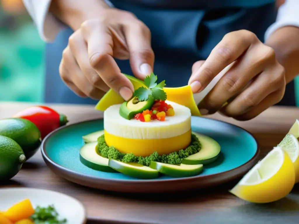 Un chef peruano experto preparando una hermosa Causa Limeña con ingredientes peruanos, creando una obra de arte culinaria