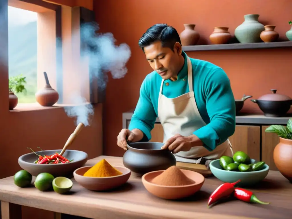 Un chef peruano experto usa herramientas tradicionales en una cocina histórica llena de ingredientes frescos