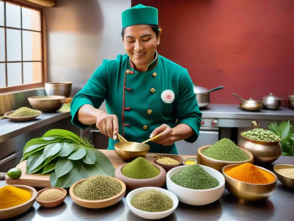 Un chef peruano experto incorporando hierbas andinas en platos tradicionales, en una cocina colorida y bulliciosa