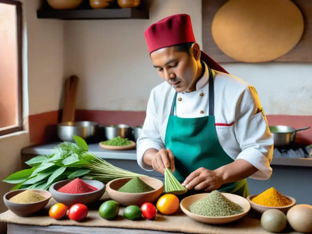 Un chef peruano experto preparando hierbas andinas en cocina rústica, con expresión reverente