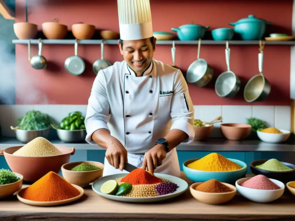 Un chef peruano experto muestra la importancia de la quinua en Perú en una escena colorida de cocina tradicional costeña