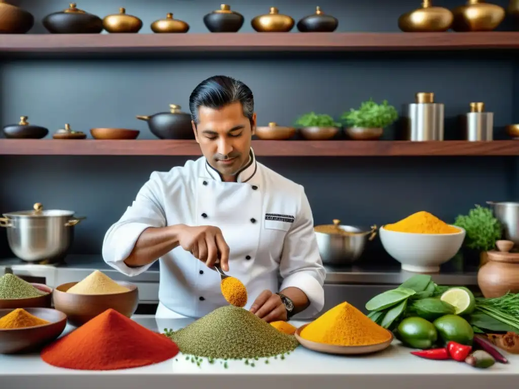 Un chef peruano experto mezcla ingredientes andinos con técnicas modernas, preparando un plato de quinua vibrante