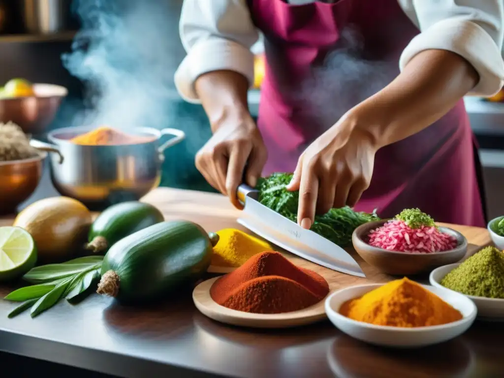 Un chef peruano experto cortando ingredientes frescos con cuchillos de chef en una cocina peruana bulliciosa