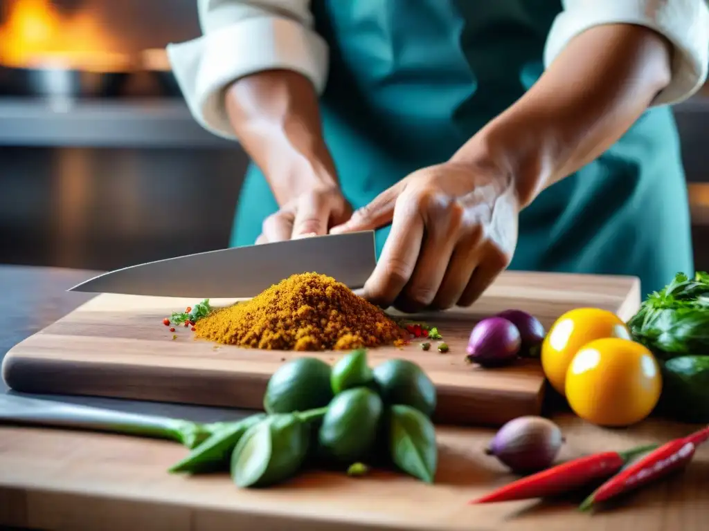 Un chef peruano experto cortando ingredientes frescos con cuchillos de chef, en una cocina vibrante