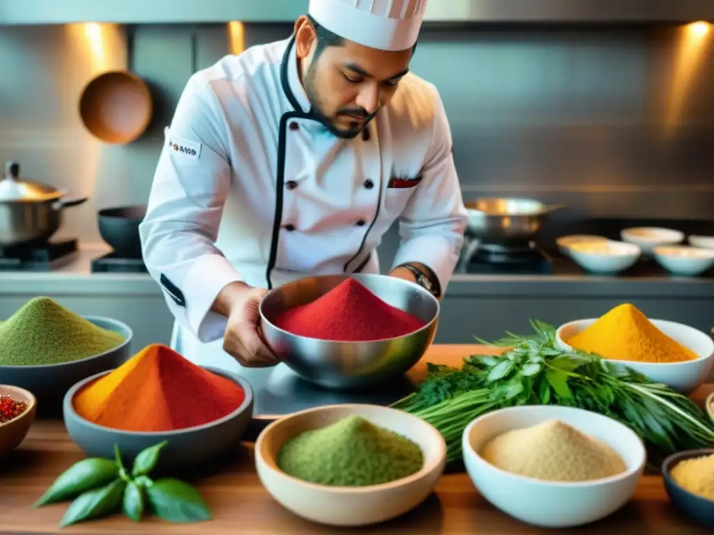 Un chef peruano experto fusiona ingredientes tradicionales con técnicas contemporáneas en una cocina moderna