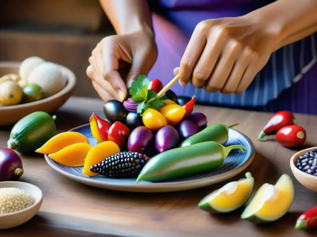 Un chef peruano experto arregla ingredientes autóctonos en un plato de cerámica, mostrando la cultura gastronómica peruana