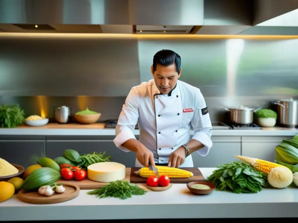 Un chef peruano experto fusionando ingredientes autóctonos en un plato moderno