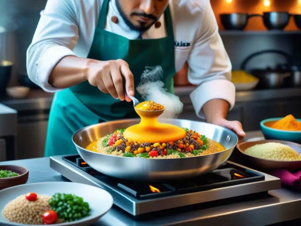 Un chef peruano experto fusionando ingredientes autóctonos en una cocina moderna