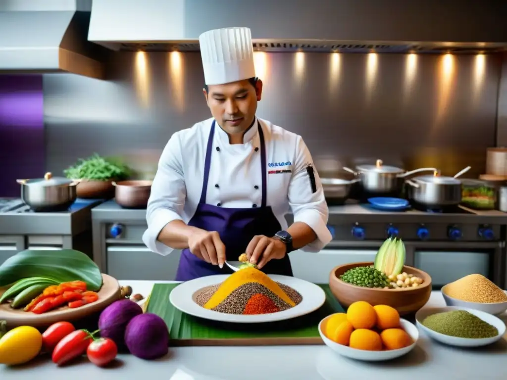 Un chef peruano experto fusionando ingredientes autóctonos en una cocina moderna, simbolizando la gastronomía peruana