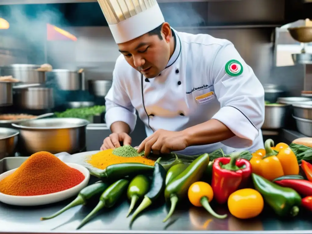 Un chef peruano experto cortando ingredientes frescos en una bulliciosa cocina abierta en Lima