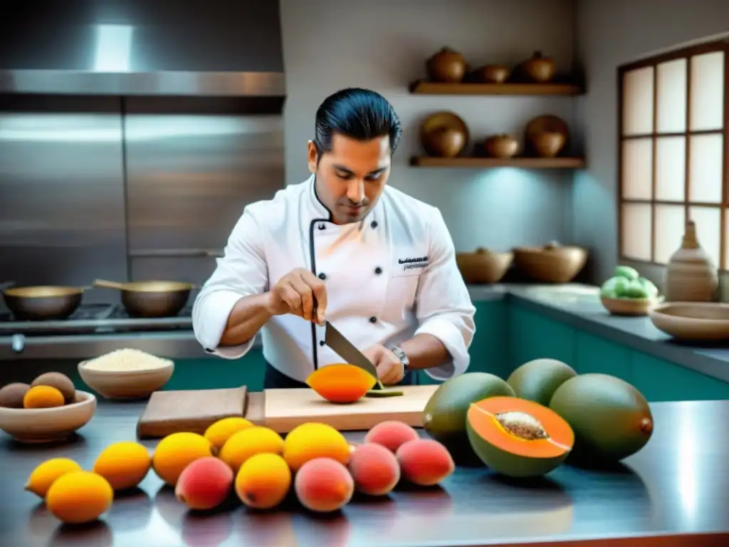 Un chef peruano experto cortando mamey en una cocina tradicional, reflejando la exquisitez de los postres peruanos con mamey