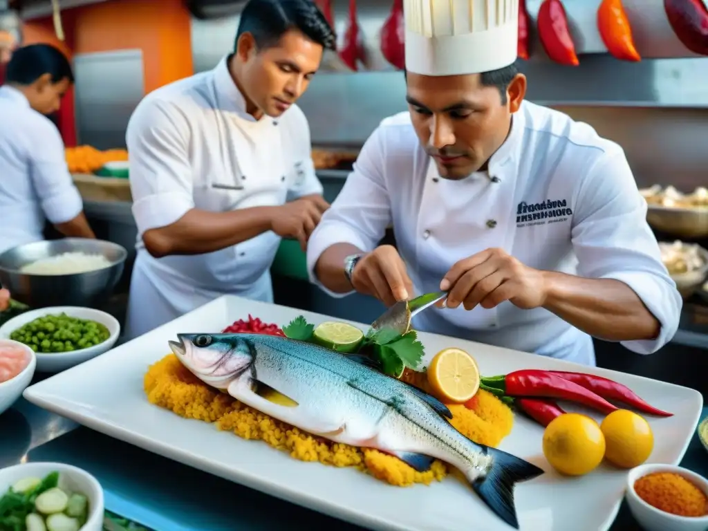 Un chef peruano experto en gastronomía marina fileteando un corvina fresco en un mercado de Lima, con ingredientes autóctonos vibrantes en el fondo