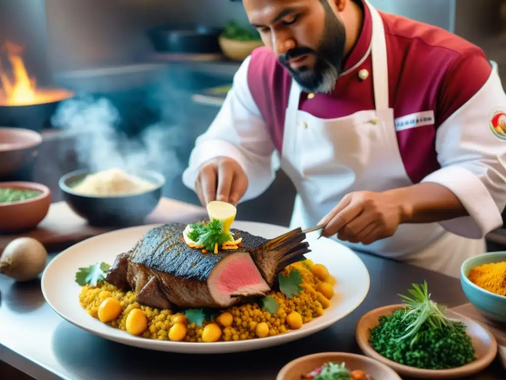 Un chef peruano experto preparando Marinera y Cabrito: Gastronomía Peruana en una cocina vibrante