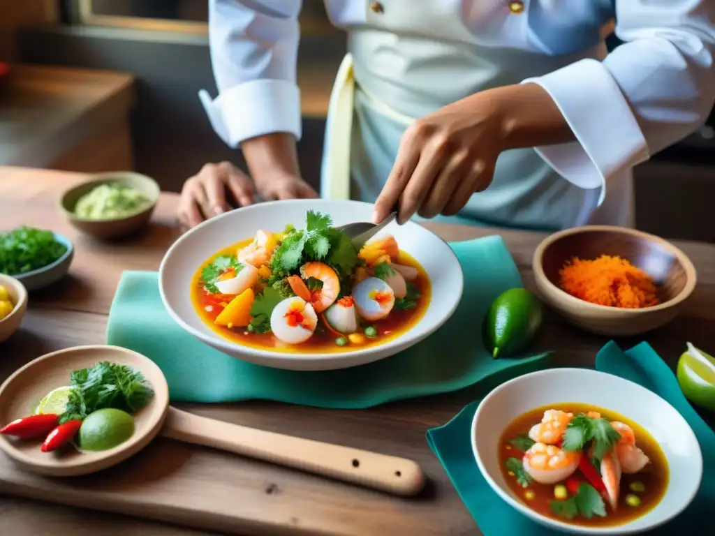 Un chef peruano experto marina mariscos frescos con limón, ají, cilantro y especias