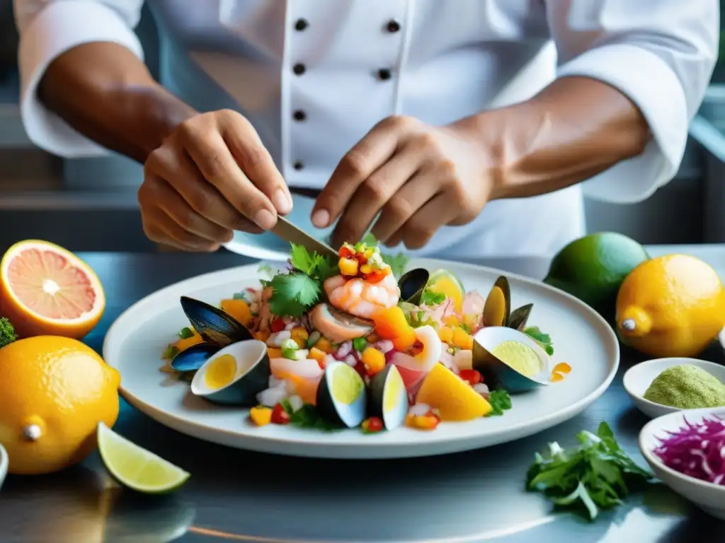 Un chef peruano experto en mariscos peruanos cocina fusión prepara con destreza un ceviche colorido y elaborado en una cocina impecable