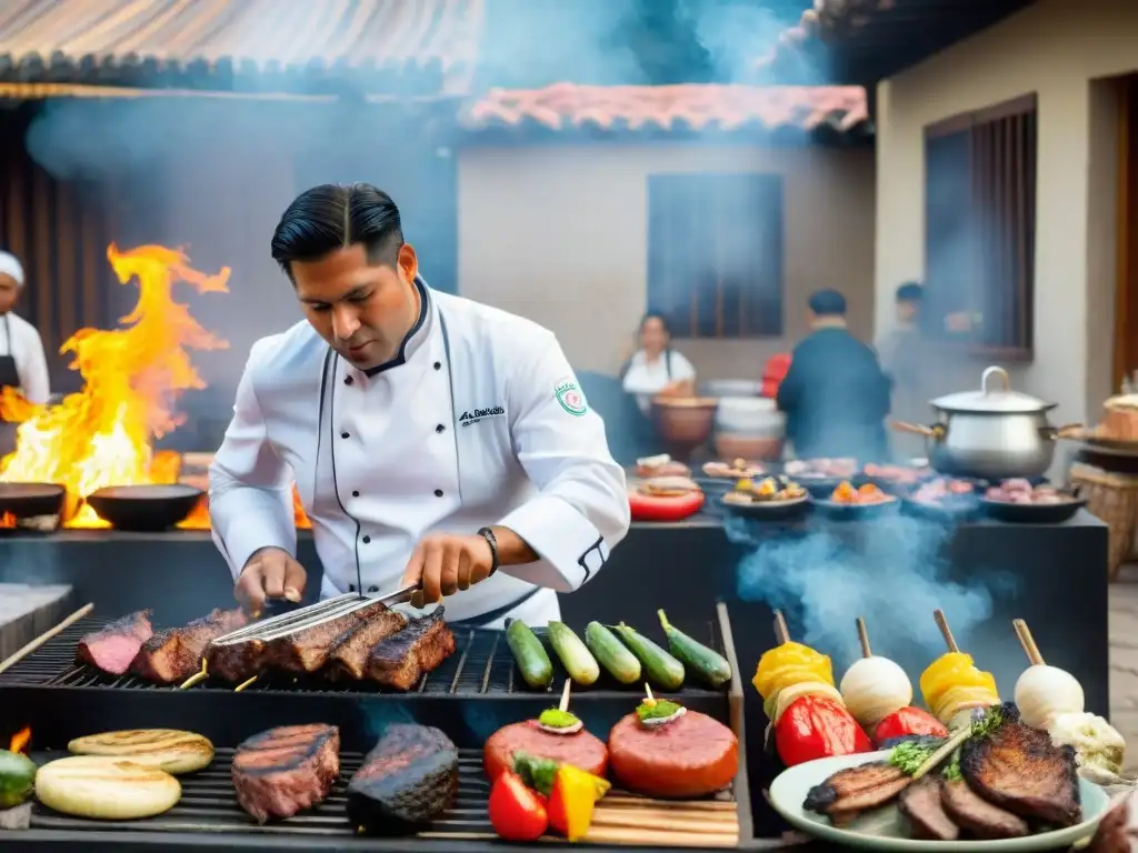 Un chef peruano experto prepara las mejores recetas parrilla peruana en un festival culinario vibrante