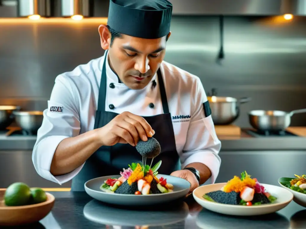 Un chef peruano experto en gastronomía fusiona tradición y modernidad al preparar un ceviche vibrante con carbón activado