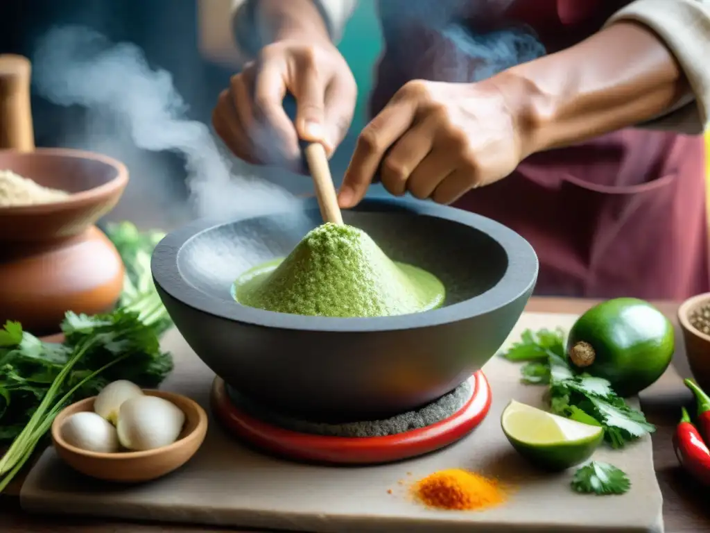 Un chef peruano experto usando un molcajete para preparar ceviche