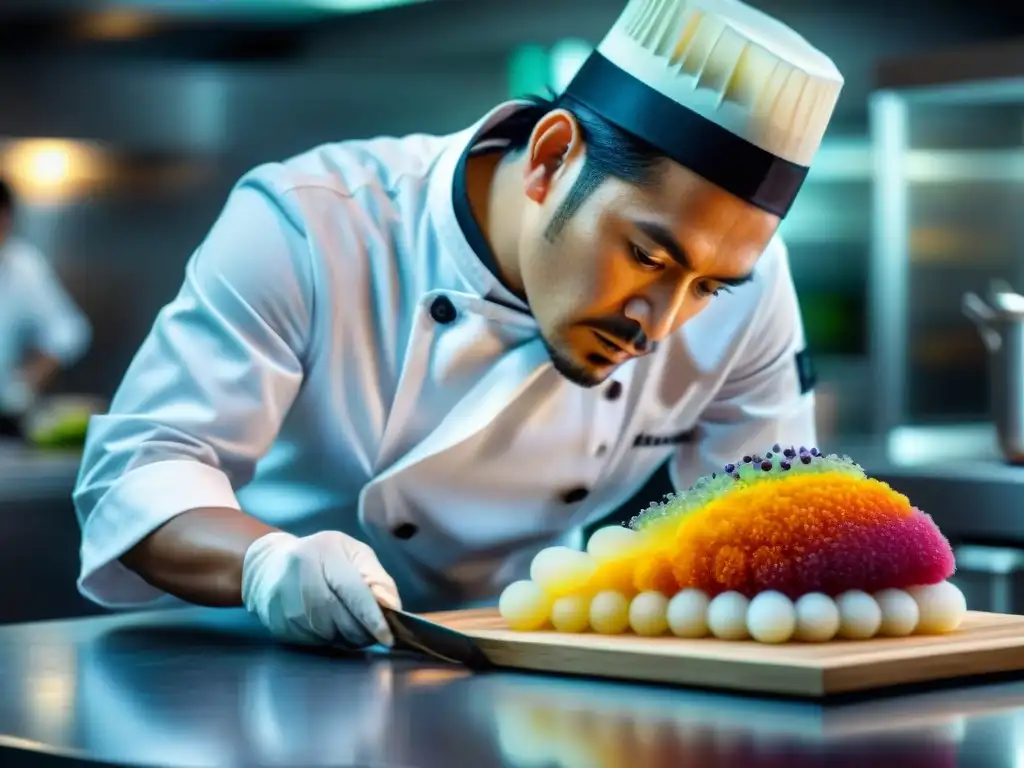 Chef peruano crea obra maestra de gastronomía molecular Chef peruano experto en gastronomía molecular creando una obra maestra culinaria en laboratorio moderno