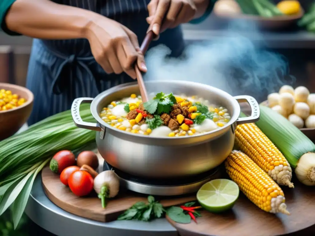 Un chef peruano experto removiendo mote en una cocina tradicional, resaltando la importancia del mote en Perú