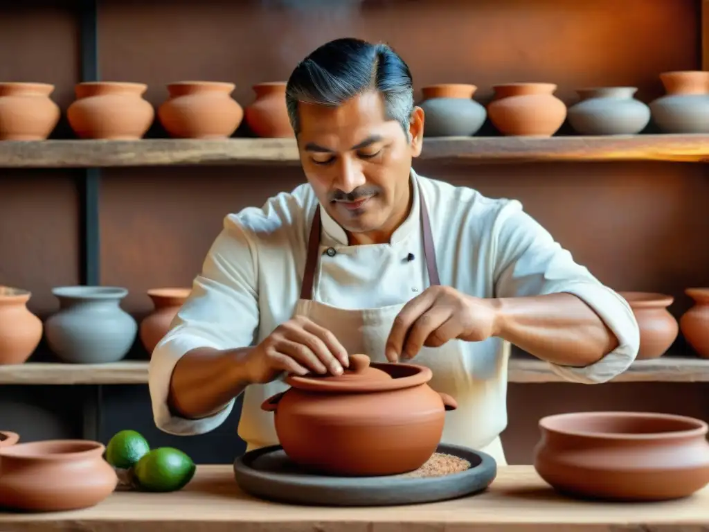 Un chef peruano experto cuida una olla de barro en una cocina rústica