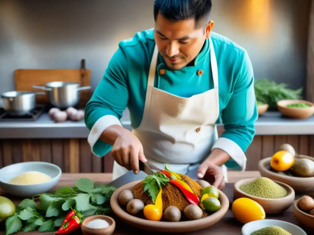 Chef peruano preparando Olluquito con Charqui: tradición culinaria vibrante Un chef peruano experto prepara olluquito con charqui en una cocina tradicional, resaltando colores y aromas