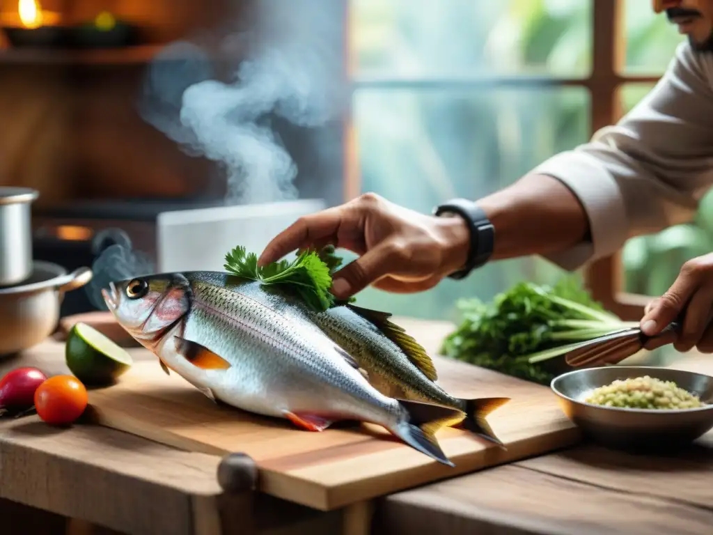 Un chef peruano experto filetea hábilmente un paiche fresco en una cocina rústica