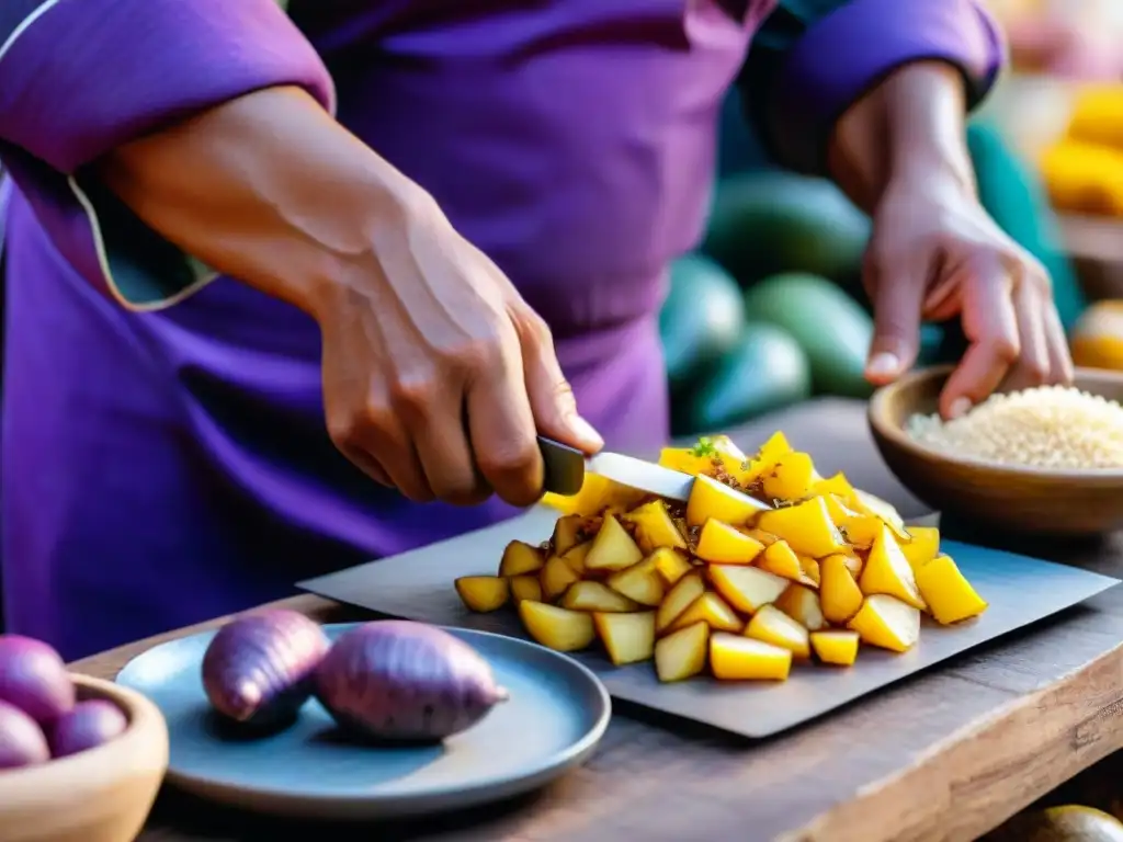 Un chef peruano experto cortando papas moradas y amarillas en talleres privados de gastronomía peruana en un mercado andino colorido