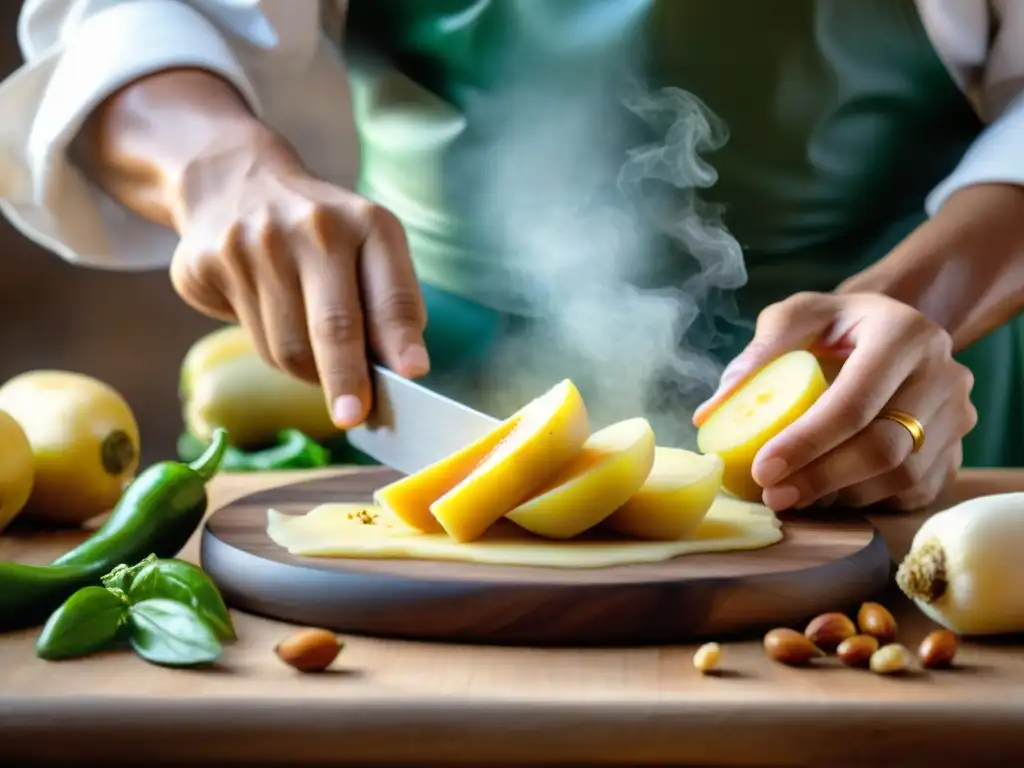 Un chef peruano experto cortando papas doradas para la receta de Papa a la Huancaína, con ingredientes frescos y vibrantes