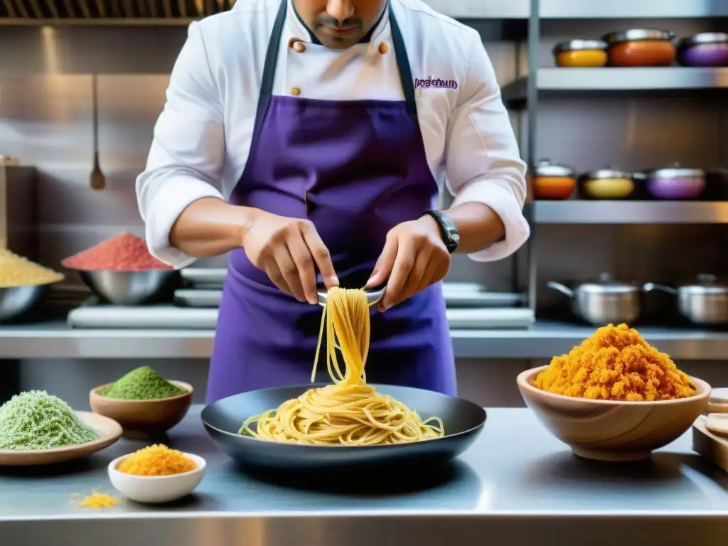 Un chef peruano experto moldea pastas peruanas auténticas rodeado de ingredientes tradicionales